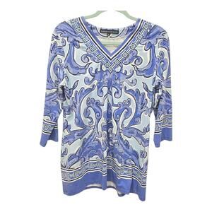 Barbara Erickson Blue White Regency Print Tunic Top Large